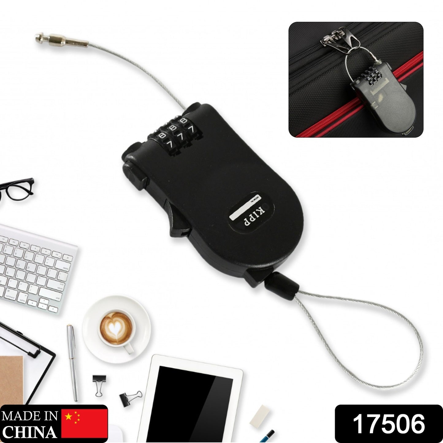 17506 Multifunctional Cable Lock With Number Code For Travel Sports Etc. Retractable Wire Lockwire Black Shell Combination Password.